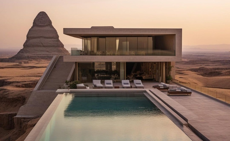 Russian Artist Asks AI to Envision Modern Mansion by the Pyramids