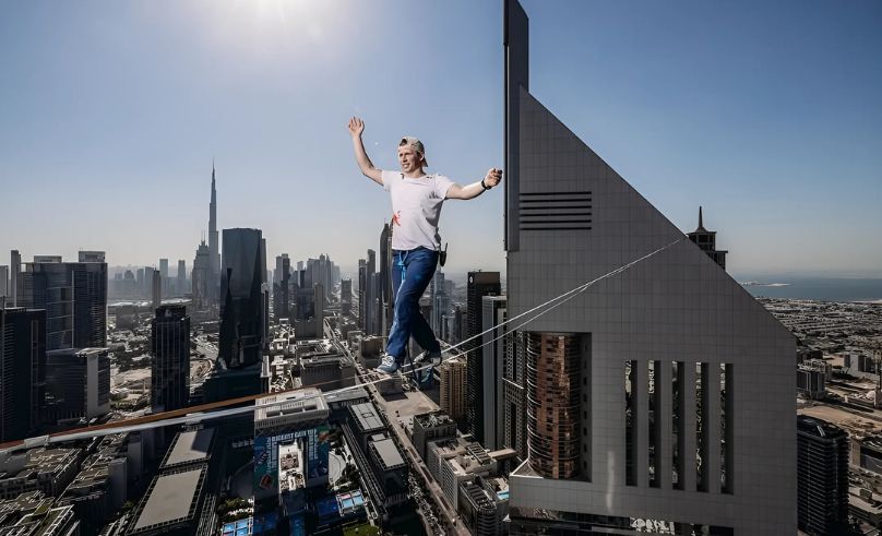 Jaan Roose Walks World-First Highline Between Dubai’s Emirates Towers